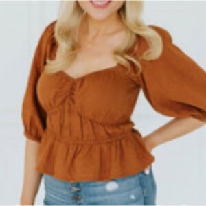 a new day Rust Brown Puff Balloon Sleeve Blouse, Size Large, linen blend
